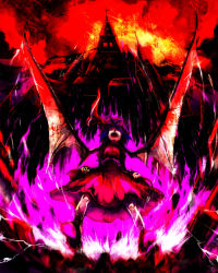 Rule 34 | 1girl, angry, aura, bat wings, blood, blurry, building, castle, clenched hands, dress, female focus, fire, from below, hat, motion blur, no headwear, open mouth, pink dress, pink hat, purple hair, red ribbon, red theme, remilia scarlet, ribbon, rock, scarlet devil mansion, shaded face, short hair, solo, standing, toriko (hatoriko), touhou, vampire, wings
