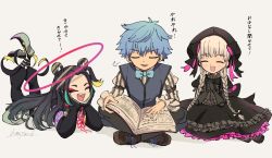 Rule 34 | 1girl, 2boys, beret, black dress, black hair, blue hair, book, bow, bowtie, braid, doll joints, dress, closed eyes, fate/grand order, fate (series), halo, hans christian andersen (fate), hat, highres, indian style, joints, lying, multiple boys, nursery rhyme (fate), o-miya (ohmiya you), on stomach, own hands together, silver hair, sitting, taisui xingjun (fate), twin braids
