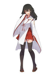 Rule 34 | 1girl, arm at side, black thighhighs, clothing request, forked tongue, full body, grey background, hair between eyes, hand up, highres, lansane, long hair, long sleeves, looking at viewer, multicolored hair, orange eyes, original, red hair, red skirt, sandals, shirt tucked in, simple background, skirt, smile, solo, thighhighs, tongue, two-tone hair, wide sleeves, zettai ryouiki