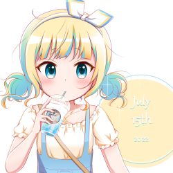 Rule 34 | 1girl, blonde hair, blue eyes, blue hair, blue skirt, collarbone, commentary request, cup, dated, disposable cup, drinking straw, gochuumon wa usagi desu ka?, goth risuto, hairband, holding, holding cup, jewelry, kirima syaro, low twintails, multicolored hair, pendant, shirt, short sleeves, skirt, solo, suspender skirt, suspenders, twintails, two-tone hair, upper body, white background, white hairband, white shirt