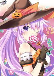 Rule 34 | 1girl, ;), absurdres, adult neptune, alternate costume, alternate hairstyle, bare shoulders, breasts, brown gloves, candy, covering own mouth, detached sleeves, food, from side, gloves, halloween, halloween costume, hand up, happy, hat, highres, large breasts, lewdkuma, lollipop, long hair, looking at viewer, looking to the side, neptune (neptunia), neptune (series), one eye closed, ponytail, pumpkin hat ornament, purple eyes, purple hair, smile, solo, sweets, upper body, very long hair, witch hat