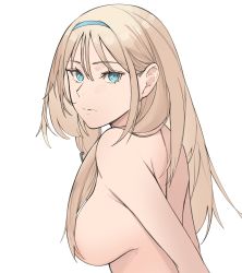 Rule 34 | 1girl, an-94 (girls&#039; frontline), aqua eyes, aqua hairband, back, bare back, bare shoulders, blonde hair, breasts, closed mouth, covered erect nipples, defy (girls&#039; frontline), from side, girls&#039; frontline, hair ornament, hair over breasts, hairband, hairclip, highres, kavni, long hair, looking at viewer, medium breasts, sideboob, solo, topless, upper body, white background
