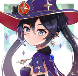 Rule 34 | 1girl, absurdres, blue eyes, breasts, cape, earrings, genshin impact, hair ornament, hat, highres, jewelry, mona (genshin impact), pupy exe, purple hair, small breasts, solo, star (symbol), star hair ornament, twintails, witch hat
