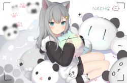 Rule 34 | 1girl, amashiro natsuki, animal ears, bad id, bad pixiv id, black jacket, black shorts, blue eyes, blurry, blurry background, cat ears, cat girl, cat tail, closed mouth, commentary request, depth of field, eyebrows hidden by hair, food, grey hair, hair between eyes, hair ornament, hairclip, highres, holding, hood, hood down, hooded jacket, jacket, long hair, long sleeves, looking at viewer, nachoneko, no shoes, onigiri, original, puffy long sleeves, puffy sleeves, short shorts, shorts, sitting, sleeves past wrists, smile, socks, solo, striped clothes, striped socks, tail, viewfinder, wariza, white jacket