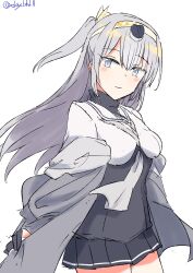 Rule 34 | 1girl, absurdres, black gloves, black skirt, corset, cowboy shot, fuyutsuki (kancolle), gloves, grey eyes, grey hair, grey shawl, hachimaki, headband, highres, kantai collection, long hair, microskirt, neckerchief, one-hour drawing challenge, one side up, pleated skirt, robinson (day l full), sailor collar, shawl, shirt, simple background, skirt, solo, white background, white headband, white neckerchief, white sailor collar, white shirt