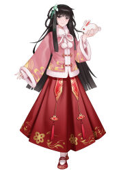Rule 34 | 1girl, absurdres, adapted costume, ailu elf, animal, black hair, black skirt, closed mouth, commentary request, full body, fur-trimmed shirt, fur trim, grey eyes, hair ornament, highres, holding, holding animal, houraisan kaguya, long hair, long sleeves, looking at viewer, pink shirt, rabbit, red footwear, shirt, shoes, simple background, skirt, smile, solo, touhou, white background