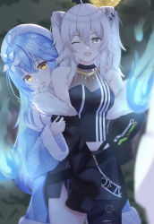 Rule 34 | 2girls, ;d, ahoge, animal ears, arm hug, bare shoulders, behind another, black jacket, black pantyhose, black shirt, blue hair, blush, breasts, cleavage, commentary request, cowboy shot, crop top, ear piercing, facing viewer, fang, fur-trimmed jacket, fur trim, ghost, grey eyes, grey skirt, hair between eyes, hiding, hiding behind another, highres, hitodama, hololive, jacket, jewelry, large breasts, lion ears, lion tail, long hair, looking at another, messy hair, miniskirt, multiple girls, necklace, off shoulder, one eye closed, open mouth, pantyhose, partially unzipped, piercing, scared, see-through, see-through cleavage, shirt, shishiro botan, shishiro botan (1st costume), sidelocks, silver hair, single leg pantyhose, skin tight, skirt, sleeveless, sleeveless shirt, smile, tail, torn clothes, torn legwear, two side up, virtual youtuber, will-o&#039;-the-wisp (mythology), yukihana lamy, yuzuki4no, zipper skirt