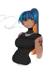 Rule 34 | 1girl, absurdres, bad id, bad tumblr id, biohazard symbol, black shirt, blue hair, breasts, brown eyes, cigarette, closed mouth, commentary, cropped arms, dark-skinned female, dark skin, earth-chan, english commentary, highres, large breasts, long hair, looking at viewer, matilda fiship, mouth hold, multicolored hair, orange hair, original, ponytail, shirt, simple background, sketch, smoke, smoking, solo, streaked hair, turtleneck, upper body, white background