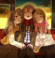 Rule 34 | 10s, 3girls, beanie, beniko08, black legwear, blunt bangs, blush, brown hair, closed eyes, drooling, girl sandwich, grey hair, hand on another&#039;s knee, hands on lap, hat, highres, interior, jewelry, koizumi hanayo, kosaka honoka, long hair, looking at another, love live!, love live! school idol project, minami kotori, multiple girls, necklace, open mouth, orange hair, pantyhose, printemps (love live!), sandwiched, scarf, short hair, side ponytail, sleeping, smile, sunset, sweater, yellow eyes