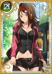 Rule 34 | 00s, 1girl, bachou mouki, bad id, bad twitter id, black shorts, breasts, brown hair, card (medium), cleavage, collarbone, earrings, groin, hair ornament, hair scrunchie, ikkitousen, jacket, jewelry, large breasts, looking at viewer, magatama, magatama earrings, midriff, navel, open clothes, open jacket, scrunchie, shiny skin, short shorts, shorts, smile, solo, unzipped, yellow eyes, zipper