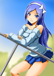 Rule 34 | 00s, 1girl, aono miki, bare shoulders, blue eyes, blue hair, blush, c-wing, eyelashes, fresh precure!, hair ornament, hairband, happy, long hair, looking at viewer, matching hair/eyes, precure, skirt, smile, solo, standing, sweater