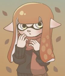 Rule 34 | 1girl, anna gomesi, autumn leaves, black sweater, brown background, brown hair, brown scarf, commentary request, falling leaves, gradient background, inkling, inkling girl, inkling player character, leaf, long hair, nintendo, pointy ears, scarf, simple background, sleeves past wrists, solo, splatoon (series), sweater, tentacle hair, upper body, yellow eyes
