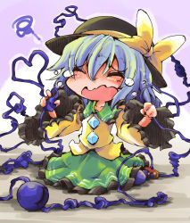 Rule 34 | 1girl, bow, check commentary, commentary request, crying, entangled, closed eyes, hat, hat bow, komeiji koishi, long sleeves, mary janes, open mouth, shinapuu, shirt, shoes, silver hair, sitting, skirt, solo, squiggle, tears, third eye, touhou, wariza, wavy mouth, wide sleeves