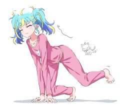 Rule 34 | 1girl, ahoge, all fours, arm support, arrow (symbol), barefoot, blonde hair, blue hair, cat, closed eyes, closed mouth, commentary request, dolldolldd, full body, highres, korean commentary, long hair, long sleeves, multicolored hair, myamu, pajamas, pants, pink pajamas, pink pants, pink shirt, pretty series, shirt, simple background, solo, streaked hair, stretching, twintails, waccha primagi!, white background