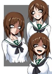 1girl anger_vein bags_under_eyes brown_eyes brown_hair girls_und_panzer highres looking_at_viewer nagainegi nishizumi_miho ooarai_school_uniform open_mouth school_uniform serafuku shaded_face shirt short_hair smile solo white_shirt