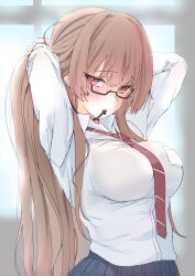 Rule 34 | 1girl, absurdres, adjusting hair, azur lane, blush, breasts, brown hair, glasses, hair ribbon, highres, large breasts, long hair, looking at viewer, mole, mole under mouth, necktie, official alternate costume, p.i.t.d, ponytail, red eyes, red necktie, ribbon, semi-rimless eyewear, shirt, skirt, solo, swiftsure (azur lane), swiftsure (study hall cyclamen) (azur lane), white shirt
