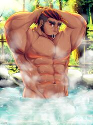 Rule 34 | 1boy, abs, absurdres, bara, black hair, cowboy shot, curly eyebrows, dark-skinned male, dark skin, facial hair, forked eyebrows, goatee, hair tie in mouth, headband, highres, large pectorals, long sideburns, male focus, mature eyes, mouth hold, multicolored hair, muscular, muscular male, navel, nipples, onsen, partially submerged, pectorals, sanmarugaru, sarutahiko (housamo), short hair, sideburns, sideways glance, solo, standing, stomach, strongman waist, thick eyebrows, tokyo houkago summoners, two-tone hair, tying hair, undercut, wet
