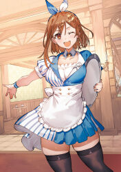 Rule 34 | 1girl, atelier (series), atelier ryza, atelier ryza 3, blush, breasts, brown eyes, brown hair, collarbone, dress, earrings, frills, hair ornament, hairband, hairclip, highres, holding, jewelry, looking at viewer, medium breasts, medium hair, official art, one eye closed, open mouth, puffy short sleeves, puffy sleeves, reisalin stout, shiny skin, short dress, short sleeves, skirt, solo, striped, teeth, thighhighs, thighs, toridamono, tray, upper teeth only, waitress, wristband, x hair ornament, zettai ryouiki