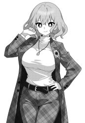 Rule 34 | 1girl, alternate costume, belt, breasts, closed mouth, cowboy shot, greyscale, jewelry, kazami yuuka, large breasts, long sleeves, monochrome, necklace, onkn sxkn, pants, short hair, simple background, smile, solo, sweater, touhou, white background