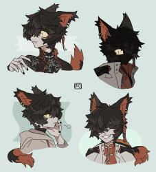 Rule 34 | 1boy, puff of air, aak (arknights), aak (doctor of faces) (arknights), animal ears, arknights, black fur, black hair, black nails, cat boy, cat ears, cat tail, chinese clothes, closed eyes, closed mouth, colored sclera, earrings, furry, furry male, grin, hair over one eye, hood, hood down, hooded jacket, jacket, jewelry, long sleeves, looking at viewer, male focus, multiple earrings, multiple views, open mouth, portrait, red fur, shaded face, short hair, sigh, signature, simple background, sirakaro, slit pupils, smile, solo focus, tail, yellow sclera