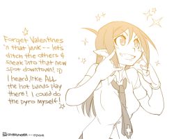 Rule 34 | + +, 1girl, \m/, bracelet, breasts, crybringer, demon mages, earrings, english text, jewelry, monochrome, necktie, ponytail, smile, solo, sparkle, tara olphoros, text focus, valentine