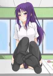 Rule 34 | &gt;:&lt;, 1girl, :&lt;, alfort (may0508), black thighhighs, breasts, closed mouth, d-frag!, feet, feet together, female focus, karasuyama chitose, long hair, looking at viewer, no shoes, ponytail, purple eyes, purple hair, purple skirt, skirt, small breasts, soles, solo, thighhighs, toes, v-shaped eyebrows