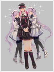 Rule 34 | 3girls, absurdres, bag, beret, black dress, black gloves, black pantyhose, blush, boots, cabbie hat, dress, euryale (fate), fate/grand order, fate (series), gloves, grey background, handbag, hat, highres, medusa (fate), medusa (saber) (fate), multiple girls, own hands together, pantyhose, purple eyes, purple hair, siblings, sisters, smile, stheno (fate), sweat, twintails, white dress, yuki510