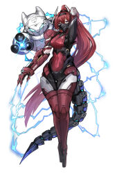 Rule 34 | 1girl, absurdres, alternate costume, aokuma (yuuran create), breasts, full body, high ponytail, highres, lightning, long hair, looking at viewer, mask, mechanical tail, medium breasts, mouth mask, power suit, purple eyes, red hair, robot, solo, tail, very long hair, white background, wuthering waves, yinlin (wuthering waves)