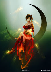 Rule 34 | 1girl, ass, bare shoulders, black hair, boots, che li, chi lian (qin shi ming yue), dress, fire, floating, highres, looking down, moon, qinshi mingyue, red dress, sash, sitting, solo, strapless, strapless dress