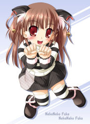 Rule 34 | animal ears, bell, black &amp; white, blush, brown hair, cat ears, jingle bell, long hair, natsuhime yuran, patterned legwear, red eyes, skirt, solo, striped clothes, striped thighhighs, thighhighs, two-tone stripes