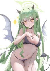 Rule 34 | 1girl, alternate costume, bare shoulders, bikini, black bikini, blue archive, breasts, collarbone, corrupted twitter file, cowboy shot, demon girl, demon horns, demon tail, green hair, green halo, halo, hand on own chest, hashtag-only commentary, highres, hikari (blue archive), horns, long hair, looking at viewer, medium breasts, navel, pointy ears, rable, simple background, solo, sparkle, sparkling aura, swimsuit, tail, v-shaped eyebrows, very long hair, white background, yellow eyes