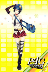 Rule 34 | 1girl, atlus, bag, belt, belt buckle, black hair, blue eyes, boots, buckle, choker, elbow gloves, gloves, hat, image sample, infinote, knee boots, marie (persona 4), messenger bag, miniskirt, necktie, persona, persona 4, persona 4 the golden, plaid, plaid skirt, pleated skirt, shirt, short hair, shoulder bag, skirt, sleeveless, sleeveless shirt, solo, striped clothes, striped gloves, striped thighhighs, thighhighs, zettai ryouiki