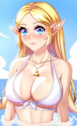 Rule 34 | 1girl, anisdrawn, bare shoulders, bikini, blonde hair, blue eyes, blue sky, blush, breasts, cleavage, cloud, commentary request, day, highres, large breasts, long hair, looking at viewer, nintendo, ocean, partially submerged, pink lips, pointy ears, princess zelda, sidelocks, sky, solo, stomach, swimsuit, the legend of zelda, the legend of zelda: breath of the wild, triforce, upper body, very long hair, water, white bikini