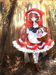 Rule 34 | 1girl, apron, black footwear, boots, bow, brown eyes, brown hair, cape, capelet, carrying, dress, forest, highres, himemurasaki, hood, hooded cape, little red riding hood, little red riding hood (grimm), long hair, nature, original, patterned legwear, picnic basket, red cape, red hood, ribbon, shoes, solo, walking