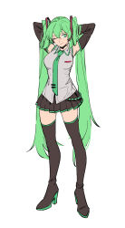 Rule 34 | 1girl, absurdres, black footwear, black skirt, boots, closed mouth, detached sleeves, full body, green hair, green necktie, grey shirt, hands up, hatsune miku, headset, high heel boots, high heels, highres, looking at viewer, miniskirt, necktie, one eye closed, pleated skirt, ruukii drift, shirt, simple background, skirt, sleeveless, sleeveless shirt, smile, solo, thigh boots, thighhighs, twintails, vocaloid, white background, zettai ryouiki