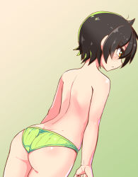 Rule 34 | 1girl, ass, black hair, blush, closed mouth, commentary, cougar (cougar1404), crotch seam, nari (cougar1404), original, panties, short hair, simple background, solo, standing, topless, underwear, wedgie, yellow eyes