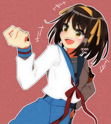 Rule 34 | 1girl, 3085fes, blue skirt, brown eyes, brown hair, cowboy shot, eyelashes, hair ribbon, hairband, hand on own hip, hand up, kita high school uniform, long sleeves, medium hair, neck ribbon, open mouth, red background, red ribbon, ribbon, sailor collar, school uniform, skirt, solo, suzumiya haruhi, suzumiya haruhi no yuuutsu, teeth, upper teeth only, yellow hairband, yellow ribbon