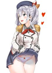 Rule 34 | 10s, 1girl, beret, breasts, clothes lift, epaulettes, frilled sleeves, frills, gloves, hat, kantai collection, kashima (kancolle), kerchief, long hair, maji (etonato), military, military uniform, panties, silver hair, skirt, skirt lift, solo, twintails, underwear, uniform, wavy hair, white gloves