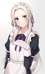 Rule 34 | 1girl, alternate costume, apron, black dress, blonde hair, blue eyes, blush, closed mouth, collared dress, commentary request, dress, edelgard von hresvelg, enmaided, fire emblem, fire emblem: three houses, forehead, frilled apron, frills, gradient background, grey background, hair ornament, hair ribbon, highres, juliet sleeves, long hair, long sleeves, looking at viewer, maid, maid apron, maid headdress, neck ribbon, nintendo, parted bangs, puffy short sleeves, puffy sleeves, purple eyes, purple ribbon, ribbon, satoimo chika, short sleeves, silver hair, simple background, solo, very long hair, white apron, white background