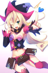 Rule 34 | 1girl, ;d, armpits, asymmetrical legwear, asymmetrical sleeves, black sleeves, blonde hair, breasts, cleavage, detached sleeves, floating hair, garter straps, green eyes, groin, hair between eyes, hat, heart, highres, index finger raised, long hair, long sleeves, magilou (tales), micro shorts, midriff, momore (peaches), navel, one eye closed, open mouth, pink shorts, pink sleeves, pink thighhighs, shorts, simple background, sketch, small breasts, smile, solo, stomach, strapless, tales of (series), tales of berseria, thighhighs, uneven legwear, uneven sleeves, very long hair, white background, witch hat