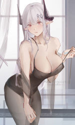 Rule 34 | 1girl, alternate costume, arknights, artist name, bad id, bad pixiv id, bare shoulders, black dress, black pantyhose, blush, breasts, cleavage, collarbone, dress, earrings, hair ornament, highres, horns, indoors, jewelry, large breasts, leaning forward, looking at viewer, mudrock (arknights), pantyhose, parted lips, pixiv id, pulled by self, red eyes, rifu (643763873), smile, solo, strap pull, watermark, web address, window