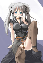 Rule 34 | 1girl, blue eyes, bottomless, breasts, censored, china dress, chinese clothes, convenient censoring, covered erect nipples, dress, feet, grey hair, large breasts, mabinogi, nagase haruhito, nao (mabinogi), no panties, shoes, single shoe, soles, solo, thighhighs, toe scrunch, twintails