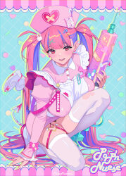 Rule 34 | 1girl, artist name, blush, breasts, ear piercing, full body, hair ornament, hat, holding, holding syringe, kneeling, large breasts, long hair, looking at viewer, masami chie, multicolored nails, nail polish, nurse, nurse cap, open mouth, original, pastel colors, piercing, pink eyes, pink hair, rabbit hair ornament, solo, syringe, thighhighs, torn clothes, torn thighhighs, twintails, very long hair, white thighhighs