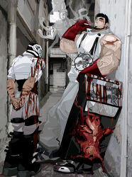 Rule 34 | 2boys, after battle, against wall, arm hair, bags under eyes, bamashengze, bara, beard, blood, blood on face, bloody weapon, buddhism, facial hair, gloves, helmet, highres, large pectorals, leaning back, looking at viewer, male focus, mature male, multiple boys, muscular, muscular male, mustache stubble, original, pectorals, red gloves, shield, shirt, short hair, sideburns, sleeveless, sleeveless shirt, smoking, spirit, stubble, thick arms, thick eyebrows, veins, veiny arms, weapon