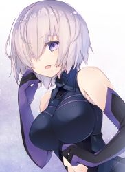 Rule 34 | 1girl, bare shoulders, breasts, clothing cutout, elbow gloves, fate/grand order, fate (series), gloves, gradient background, hair over one eye, large breasts, mash kyrielight, navel, navel cutout, one eye covered, purple eyes, purple gloves, purple hair, sakuraminto, short hair, smile, solo