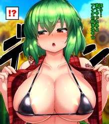 Rule 34 | !, !?, 1girl, ?, areola slip, bare shoulders, bikini, black bikini, blurry, blurry background, blush, breasts, cleavage, collarbone, day, embarrassed, female focus, flower, green hair, hair between eyes, half-closed eyes, hands up, highres, kazami yuuka, looking to the side, micro bikini, open clothes, open mouth, open vest, outdoors, peso (cheese company), plaid, plaid vest, red eyes, skindentation, solo, string bikini, sunflower, sweat, swimsuit, teeth, touhou, underboob, upper body, upper teeth only, vest