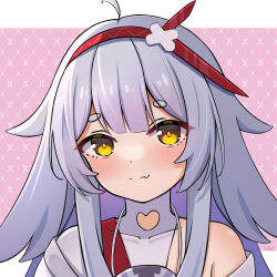 Rule 34 | 1girl, absurdres, ahoge, blush, clothing cutout, fang, fenrir (tower of fantasy), grey hair, hair flaps, hairband, heart cutout, highres, long hair, looking at viewer, pink background, red hairband, reikyou, short eyebrows, simple background, single bare shoulder, skin fang, smile, solo, thick eyebrows, tower of fantasy, yellow eyes