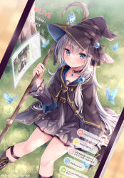 Rule 34 | 1girl, animal, black bow, black cloak, black dress, black footwear, black hat, blue eyes, boots, bow, bug, butterfly, cloak, closed mouth, commentary request, copyright request, cover, cover page, cross-laced footwear, crystal, dress, grey hair, hair between eyes, hat, highres, holding, holding staff, holographic monitor, hood, hood down, hooded cloak, insect, lace-up boots, long hair, looking at viewer, nemuri nemu, novel cover, on grass, smile, solo, staff, very long hair, witch hat