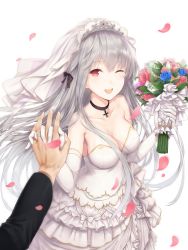 Rule 34 | 1boy, 1girl, ;d, absurdres, bad id, bad pixiv id, black bow, blush, bouquet, bow, breasts, bridal gauntlets, bridal veil, collar, collarbone, cross, dress, flower, girls&#039; frontline, grey hair, hair bow, hands up, highres, holding, holding bouquet, interlocked fingers, iron cross, kar98k (girls&#039; frontline), large breasts, long hair, looking at viewer, one eye closed, open mouth, out of frame, petals, pov, red eyes, simple background, smile, solo focus, teeth, twintails isshou tsui, veil, very long hair, wedding dress, white background, white dress