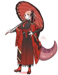 Rule 34 | 1girl, alternate costume, breasts, dragon girl, dragon horns, dragon tail, dress, fingernails, full body, hair ornament, hand on own hip, highres, hololive, horns, isuka, kiryu coco, large breasts, necktie, open mouth, orange hair, parasol, shoes, signature, simple background, socks, solo, standing, tail, umbrella, virtual youtuber, white background